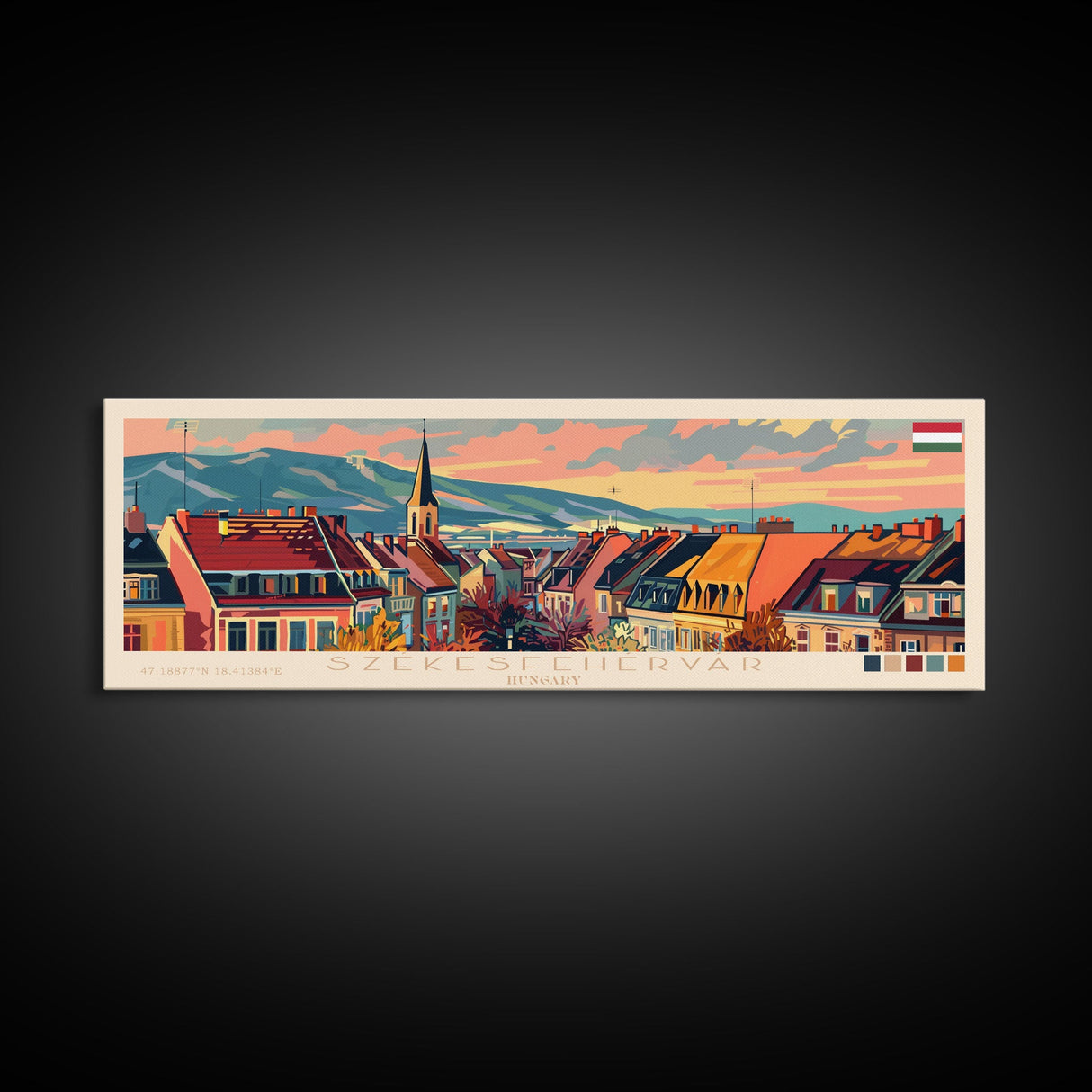 Szkesfehervar Hungary Panoramic Travel Poster, Framed Canvas Print or Metal Wall Art, Travel Art, Home Decor, Panoramic Painting, Midcentury Art