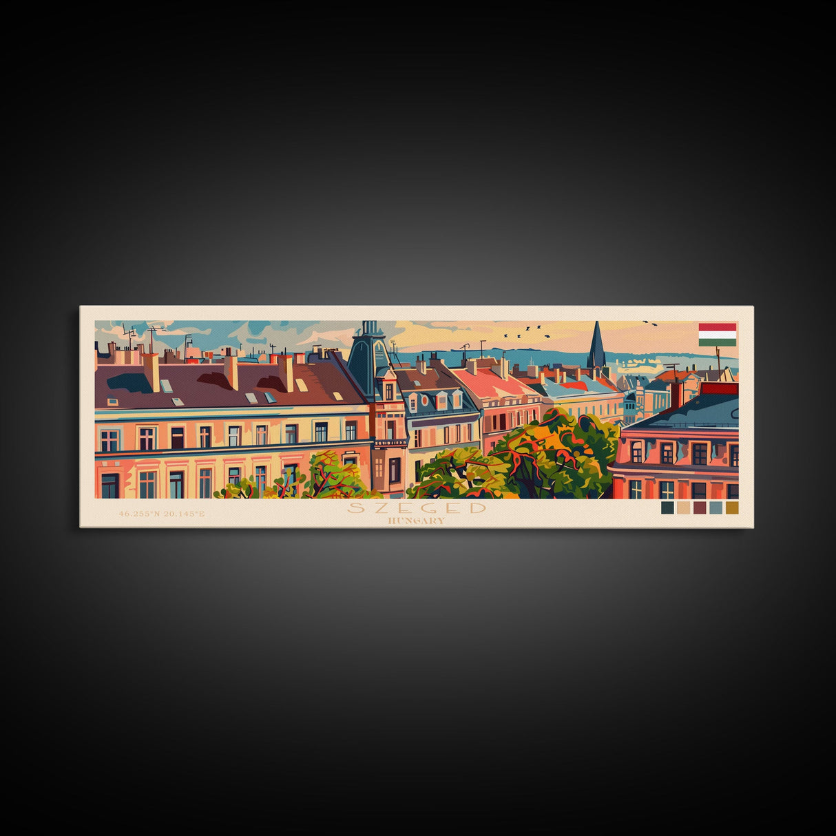 Szeged Hungary Travel Art, City Art, Framed Canvas Print or Metal Wall Art, Europe Travel Poster, Panoramic Wall Art, Extra Wide Wall Art