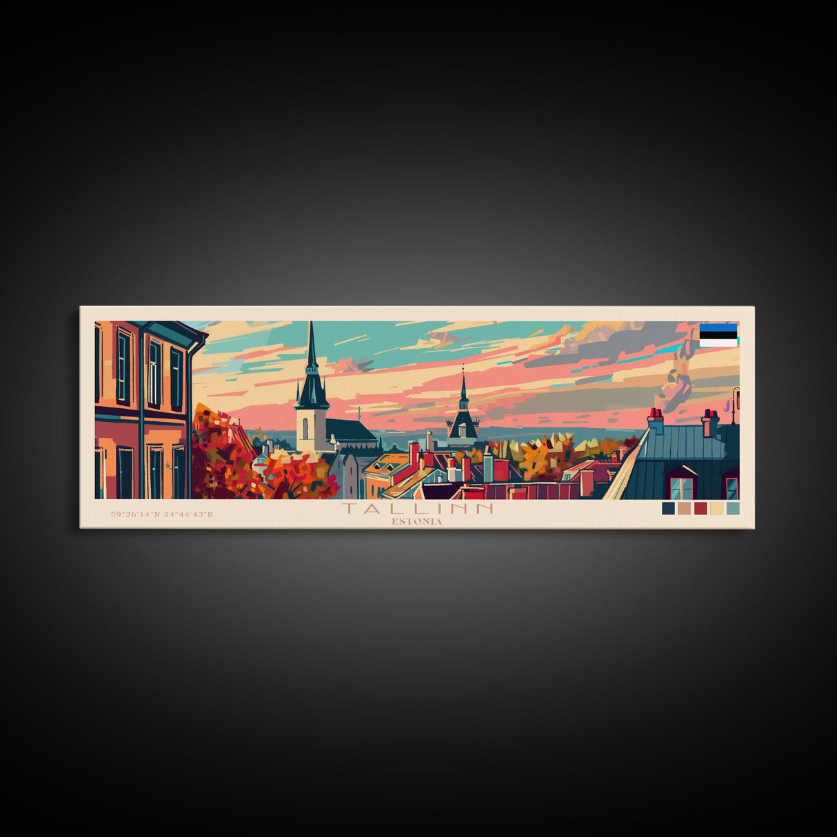 Tallinn Estonia Panoramic Travel Poster, Framed Canvas Print or Metal Wall Art, Travel Art, Home Decor, Panoramic Painting, Midcentury Art