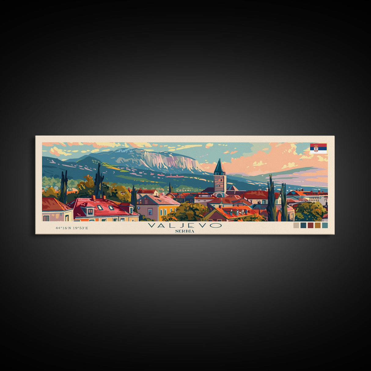 Valjevo Serbia Panoramic Travel Poster, Framed Canvas Print or Metal Wall Art, Travel Art, Home Decor, Panoramic Painting, Midcentury Art