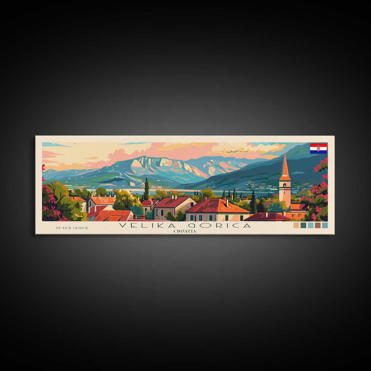 Velika Gorica Croatia Panoramic Travel Poster, Framed Canvas Print or Metal Wall Art, Travel Art, Home Decor, Panoramic Painting, Midcentury Art