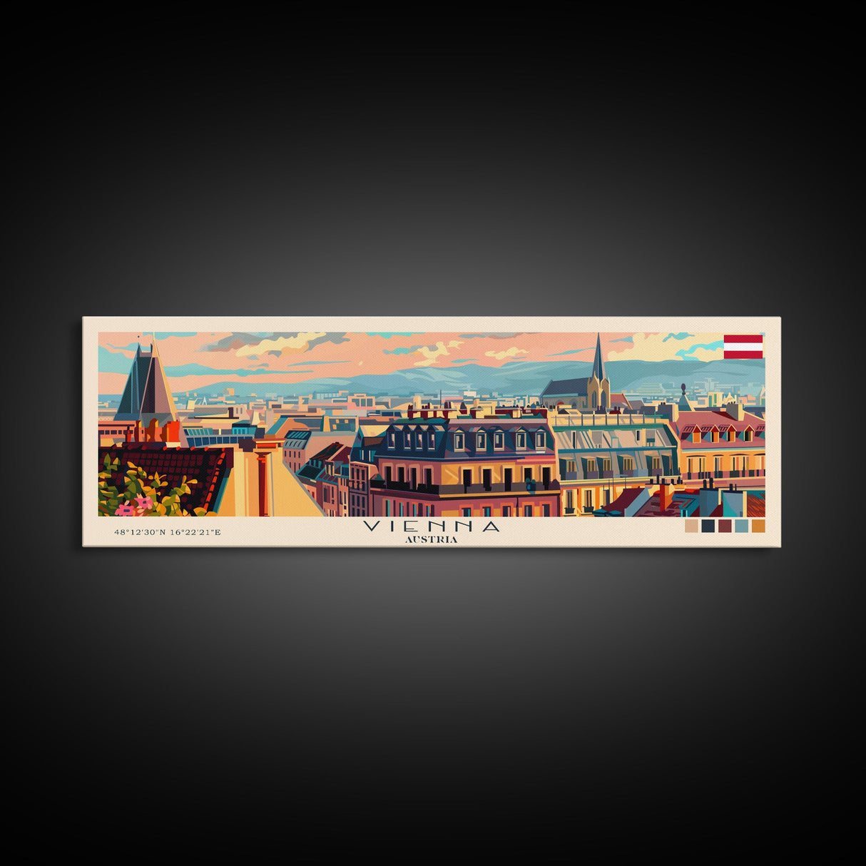 Vienna Austria Panoramic Travel Poster, Framed Canvas Print or Metal Wall Art, Travel Art, Home Decor, Panoramic Painting, Midcentury Art