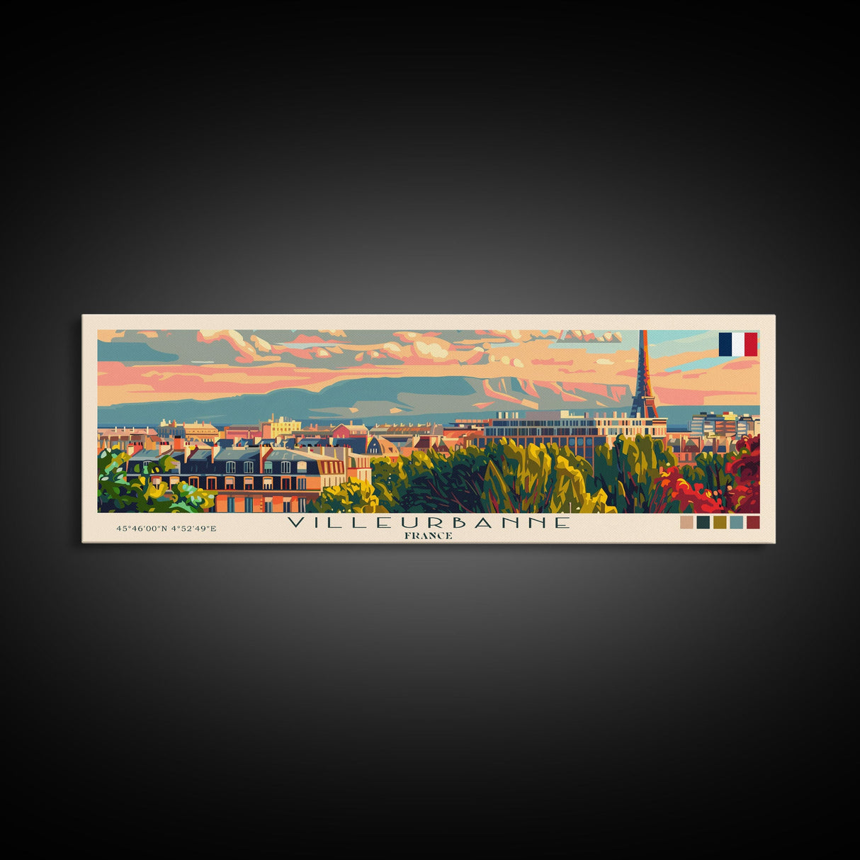 Villeurbanne France Panoramic Travel Poster, Framed Canvas Print or Metal Wall Art, Travel Art, Home Decor, Panoramic Painting, Midcentury Art