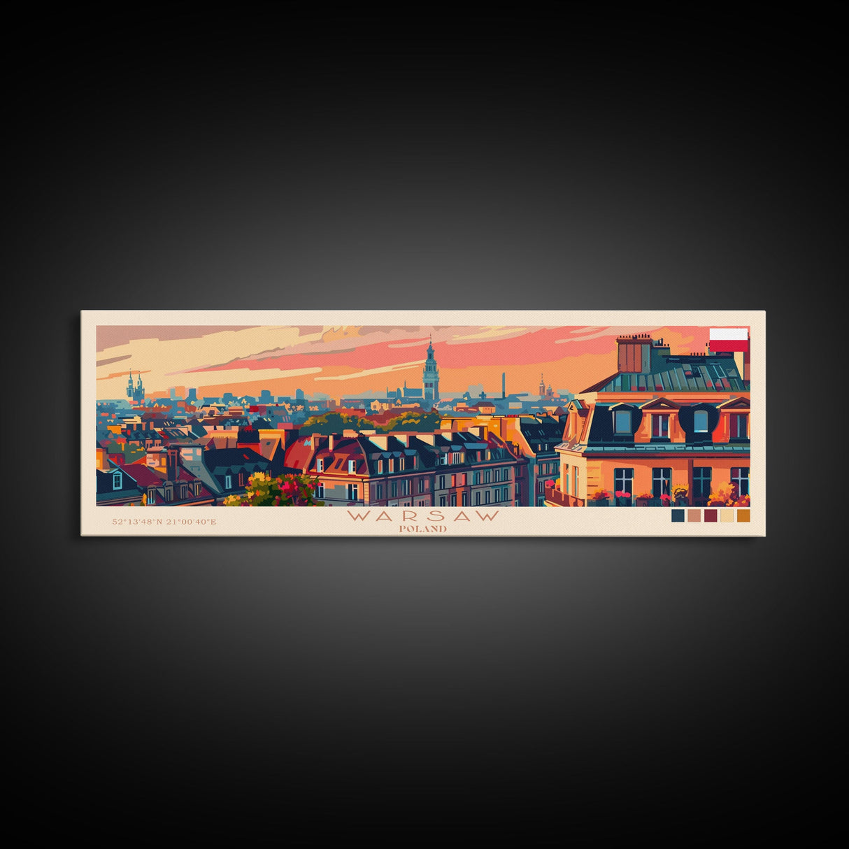 Warsaw Poland Travel Art, City Art, Framed Canvas Print or Metal Wall Art, Europe Travel Poster, Panoramic Wall Art, Extra Wide Wall Art