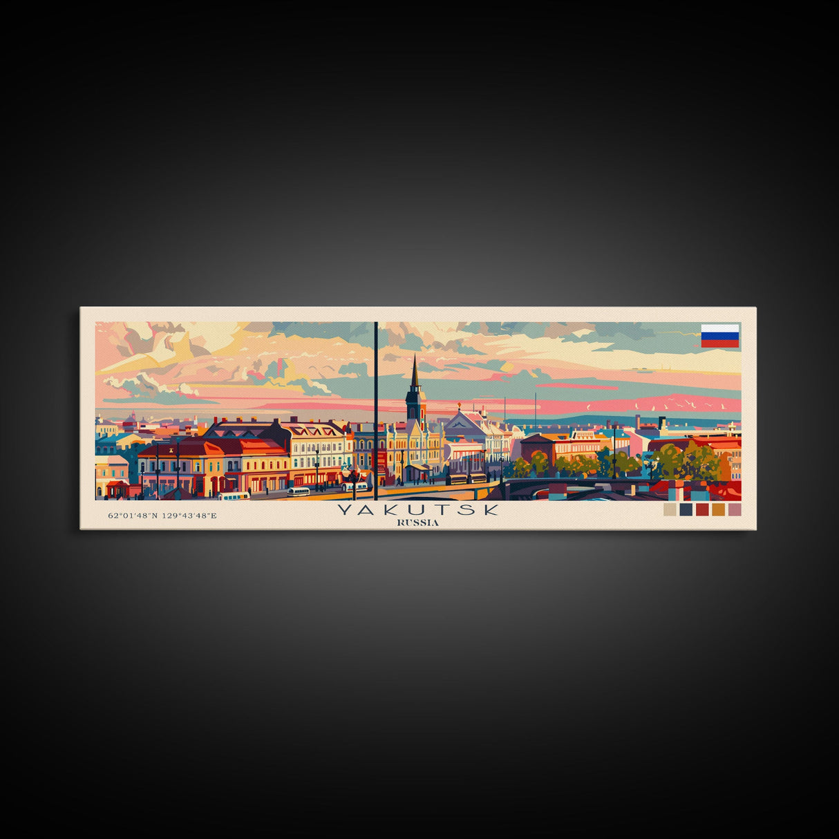 Yakutsk Russia Panoramic Travel Poster, Framed Canvas Print or Metal Wall Art, Travel Art, Home Decor, Panoramic Painting, Midcentury Art