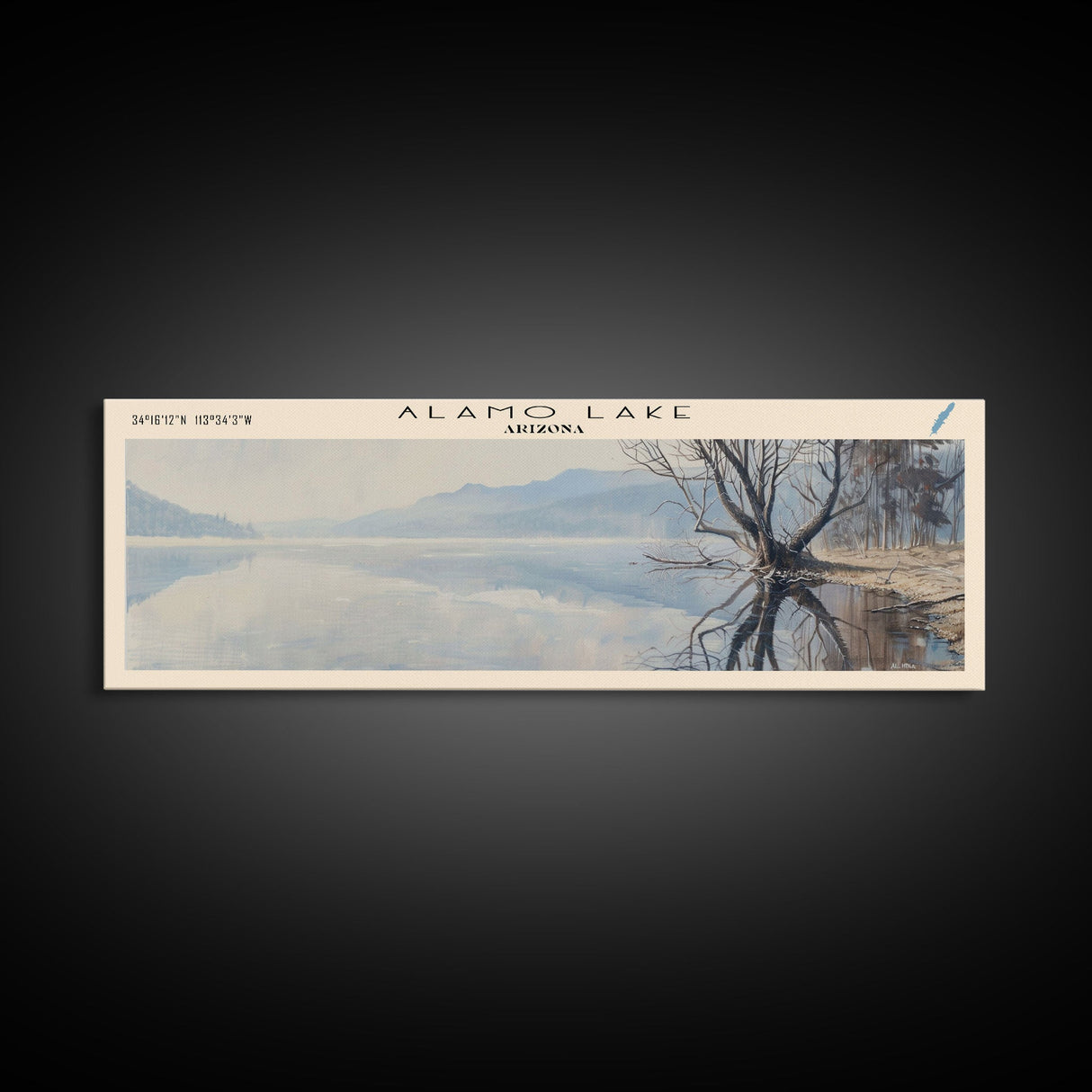 Alamo Lake Arizona Panoramic Framed Canvas Print, Lake House Decor, Minimalist Art, Travel Poster, Wood Wall Art, Scenic Painting