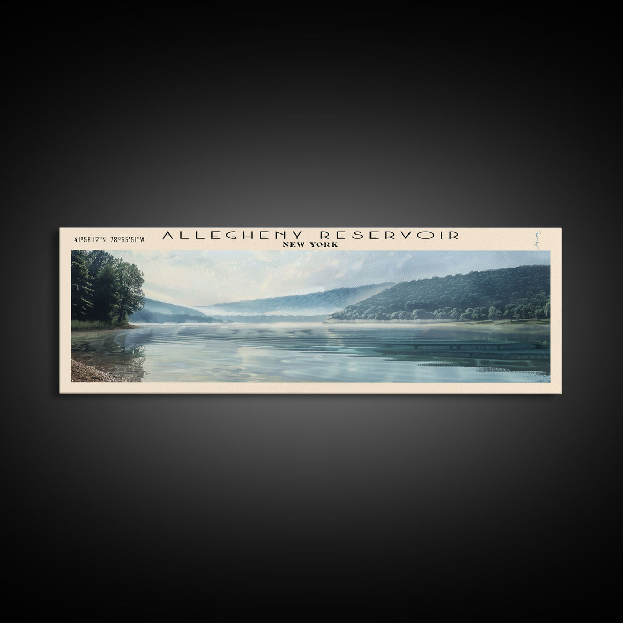 Allegheny Reservoir New York Panoramic Framed Canvas Print, Lake House Decor, Abstract Landscape, Travel Poster, Modern Wall Art, Calm Waters