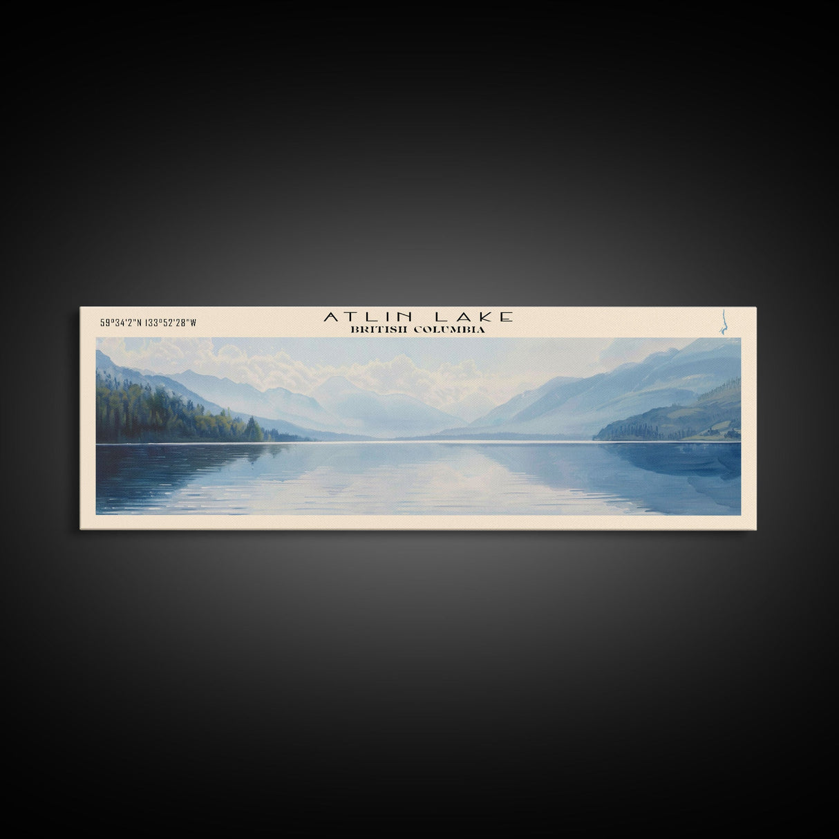 Atlin Lake Panoramic Framed Canvas Print, Lake House Decor, Minimalist Art, Travel Poster, Scenic View, Nature Wall Art