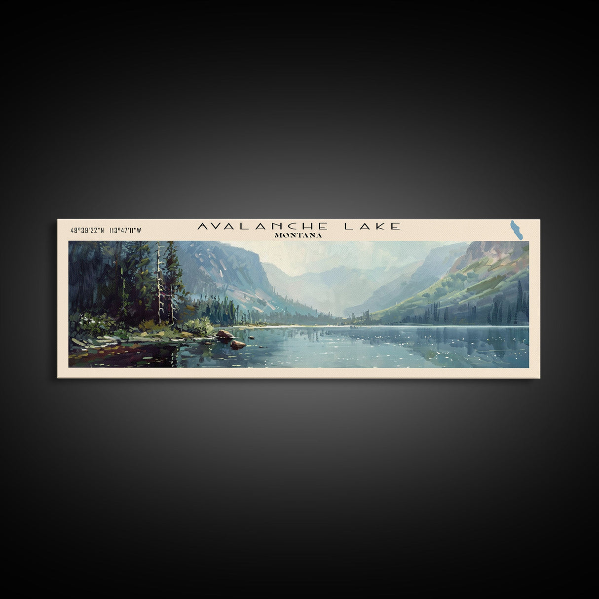 Avalanche Lake Montana Panoramic Framed Canvas Print, Lake House Art, Boho Decor, Travel Poster, Nature Wall Art, Serene Scene