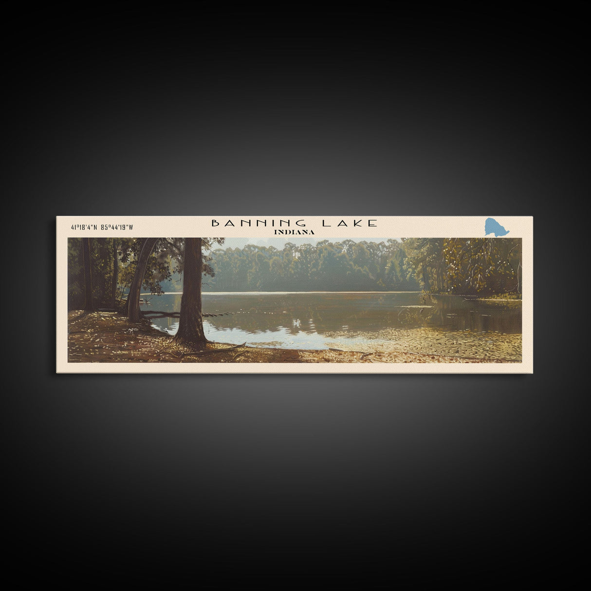 Banning Lake Indiana Framed Canvas Print, Lake House Decor, Panoramic Scenic Painting, Travel Poster, Rustic Art, Nature Wall Art