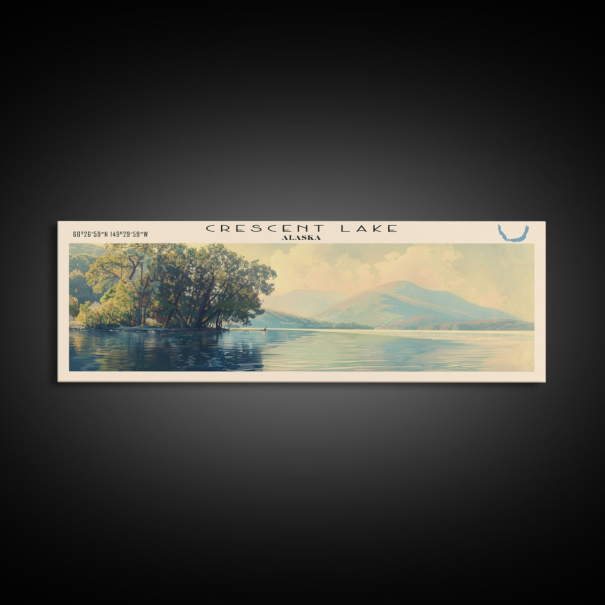 Crescent Lake Framed Canvas Print, Lake House Art, Panoramic Travel Poster, Wall Art, Modern Lake Painting, Home Decor