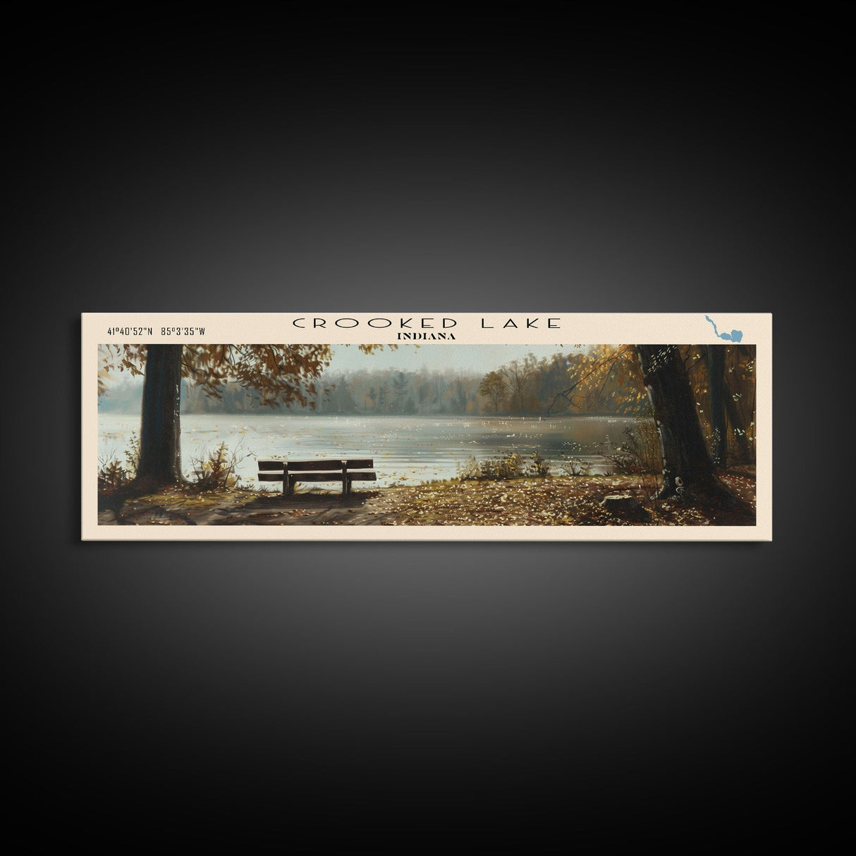 Crooked Lake Indiana Framed Canvas Print, Panoramic Lake House Decor, Wall Art, Travel Poster, Rustic Lake Painting, Nature Art