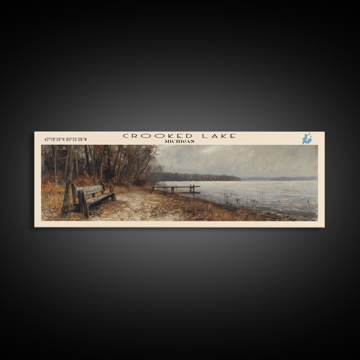 Crooked Lake Indiana Framed Canvas Print, Panoramic Lake House Decor, Wall Art, Travel Poster, Rustic Lake Painting, Nature Art