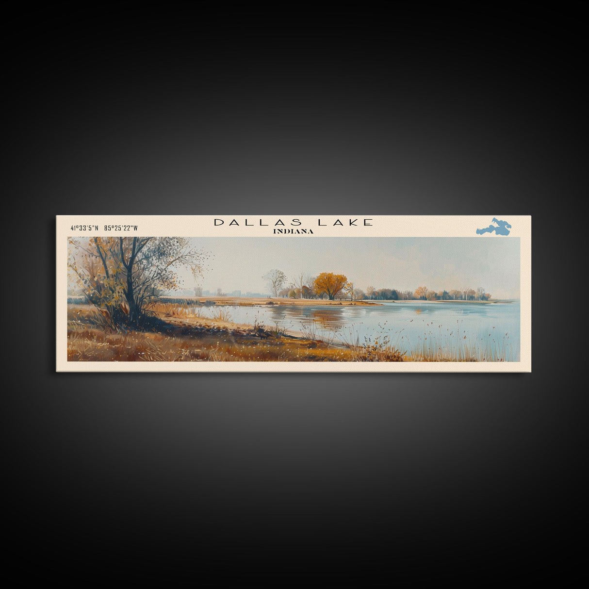 Dallas Lake Indiana Framed Canvas Print, Lake House Decor, Panoramic Wall Art, Travel Poster, Rustic Lake Painting, Home Decor