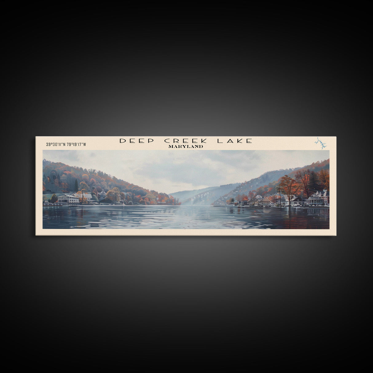 Deep Creek Lake Maryland Framed Canvas Print, Lake House Decor, Panoramic Wall Art, Travel Poster, Modern Lake Painting, Nature Art