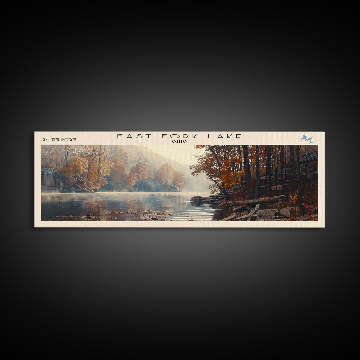 East Fork Lake Ohio Framed Canvas Print, Lake House Decor, Panoramic Wall Art, Travel Poster, Modern Lake Painting, Nature Art