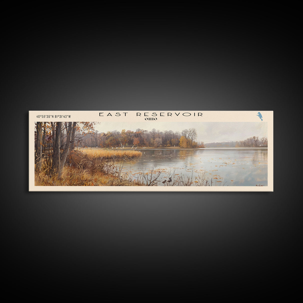 East Reservoir Ohio Framed Canvas Print, Lake House Art, Panoramic Wall Art, Travel Poster, Modern Lake Painting, Nature Art