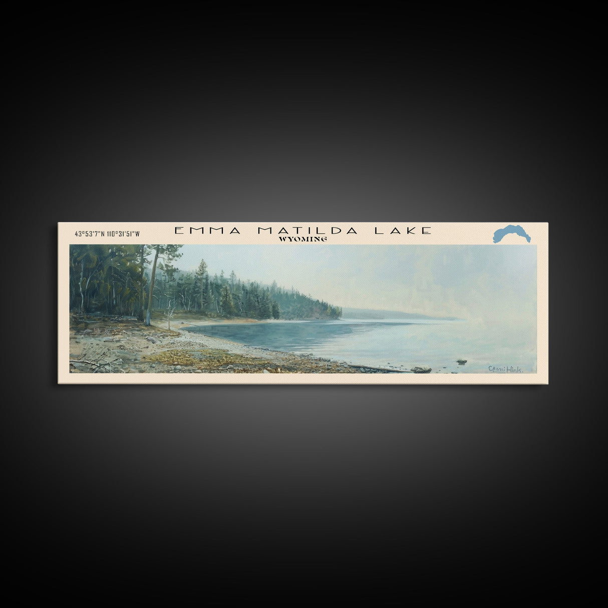 Emma Matilda Lake Wyoming Framed Canvas Print, Lake House Decor, Panoramic Wall Art, Travel Poster, Modern Lake Painting, Nature Art