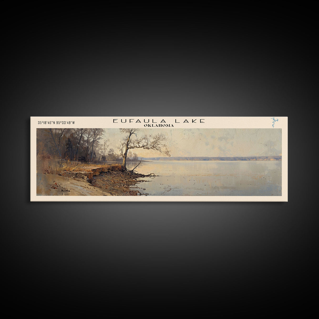 Eufaula Lake Oklahoma Framed Canvas Print, Lake House Art, Panoramic Wall Art, Travel Poster, Modern Lake Painting, Nature Art