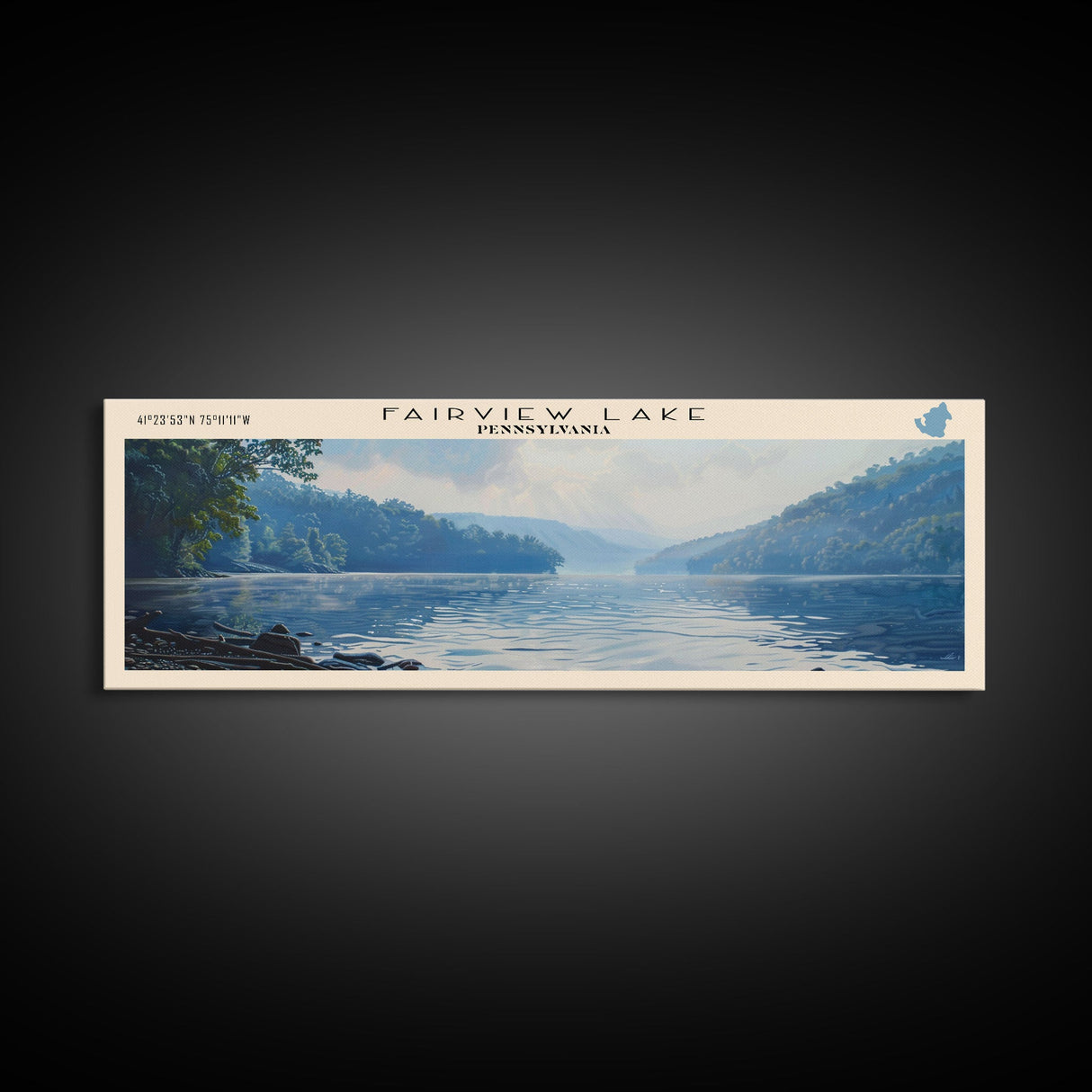 Fairview Lake Pennsylvania Framed Canvas Print, Lake House Decor, Panoramic Wall Art, Travel Poster, Rustic Lake Painting, Home Decor