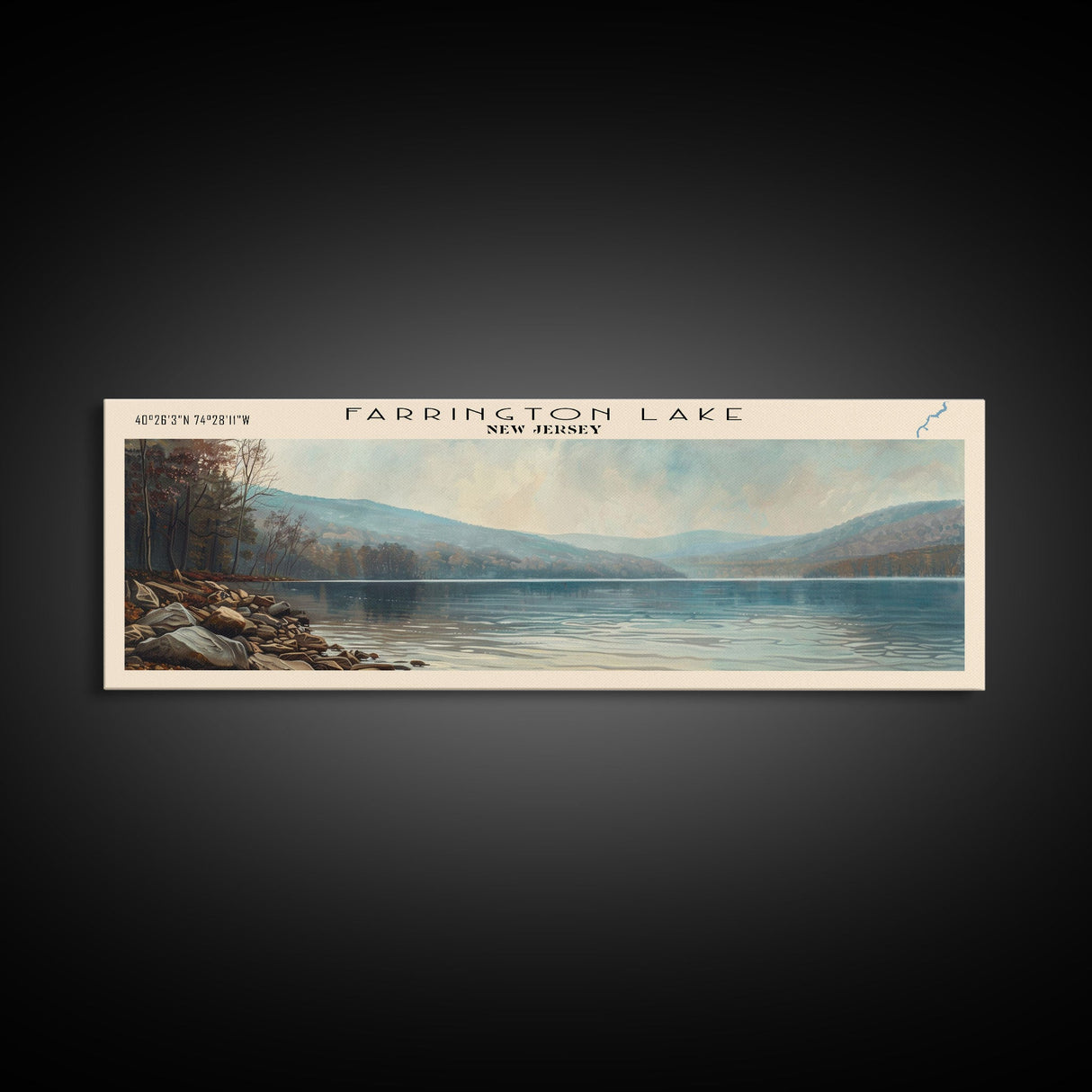 Farrington Lake New Jersey Framed Canvas Print, Lake House Decor, Panoramic Wall Art, Travel Poster, Modern Lake Painting, Nature Art