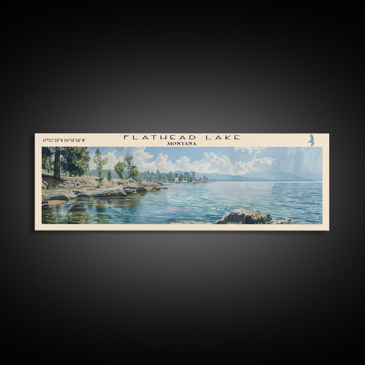 Flathead Lake Montana Framed Canvas Print, Lake House Art, Panoramic Wall Art, Travel Poster, Captivating Lake Painting, Home Decor