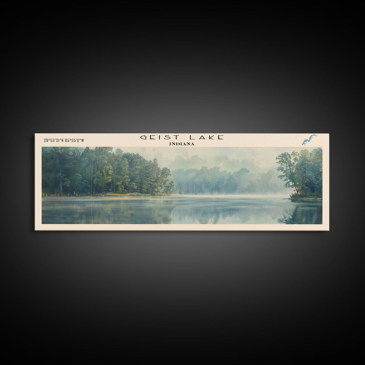 Geist Lake Indiana Framed Canvas Print, Panoramic Lake House Decor, Wall Art, Travel Poster, Peaceful Lake Painting, Nature Art