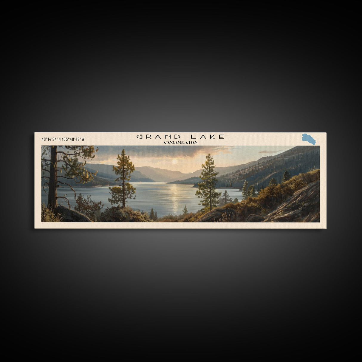 Grand Lake Colorado Framed Canvas Print, Panoramic Lake House Decor, Wall Art, Travel Poster, Stunning Lake Painting, Nature Art