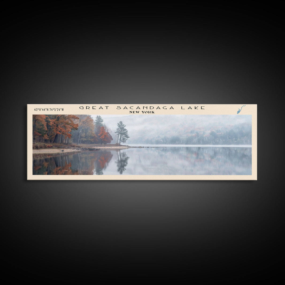 Great Sacandaga Lake Framed Canvas Print, Lake House Art, Panoramic Wall Art, Travel Poster, Serene Lake Painting, Home Decor