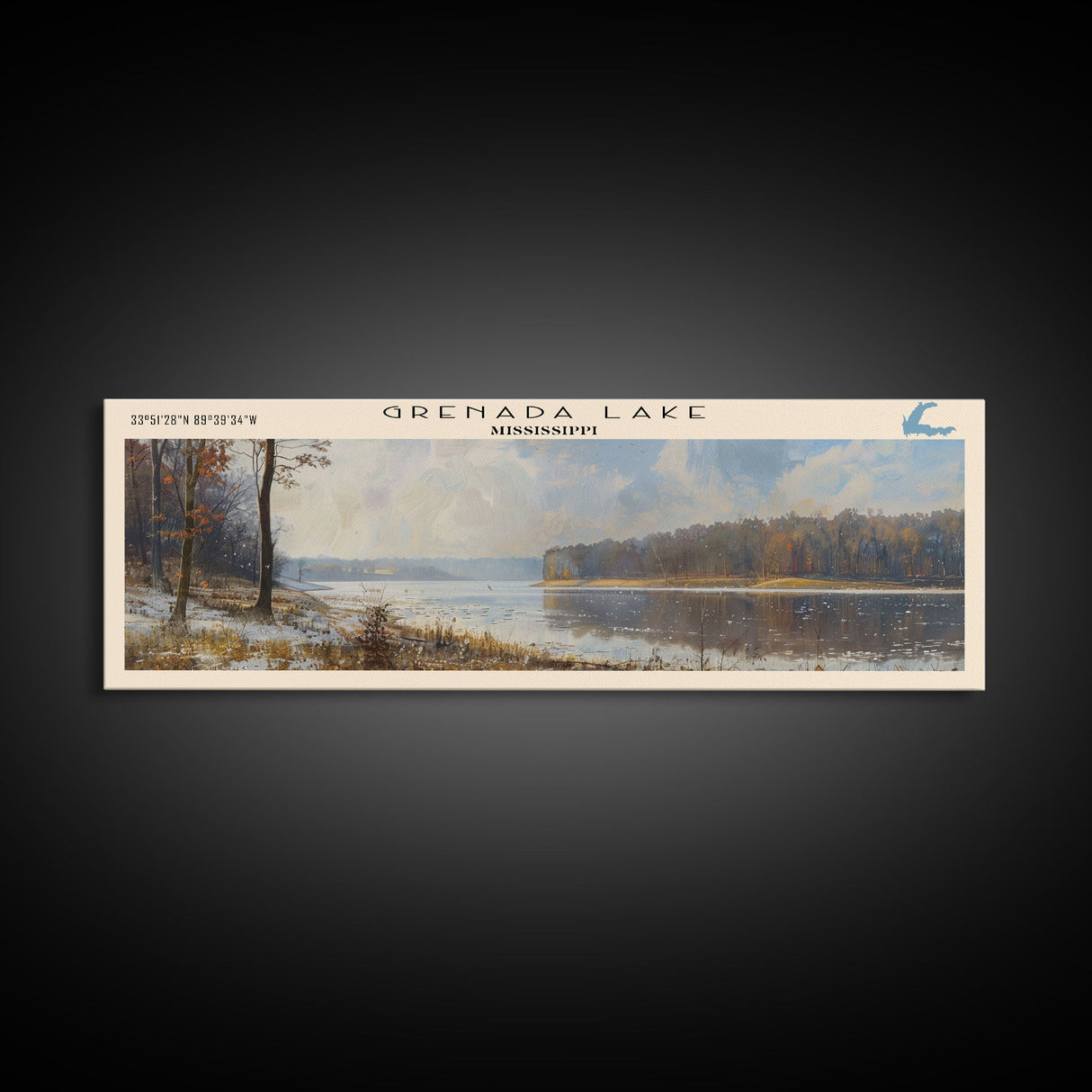 Grenada Lake Mississippi Framed Canvas Print, Lake House Art, Panoramic Wall Art, Travel Poster, Picturesque Lake Painting, Home Decor