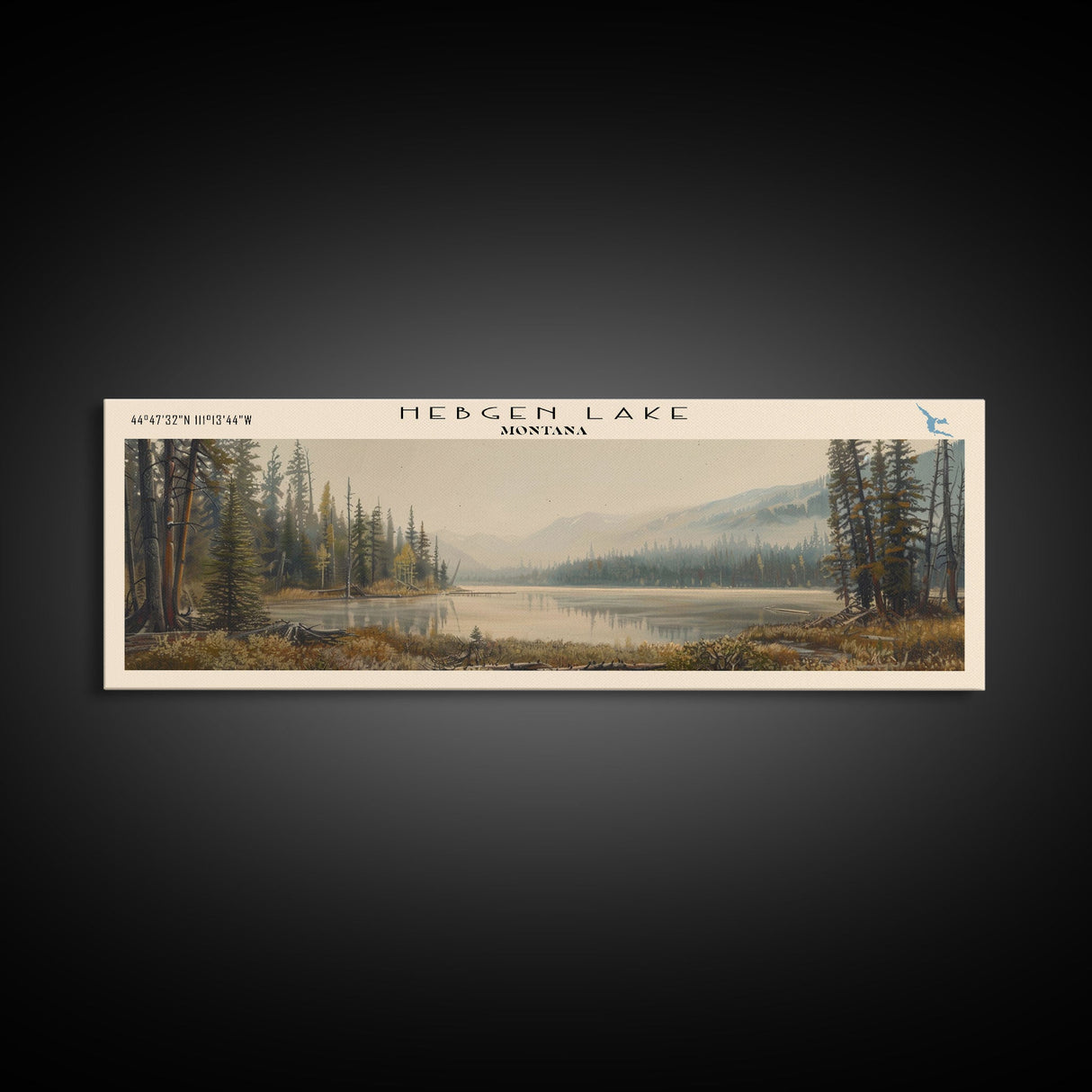 Hebgen Lake Montana Framed Canvas Print, Lake House Art, Panoramic Wall Art, Travel Poster, Beautiful Lake Painting, Home Decor