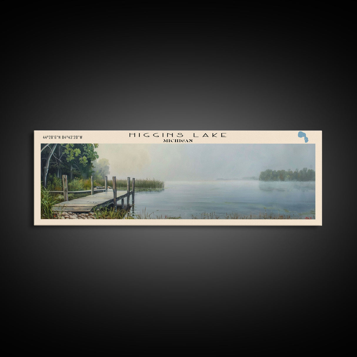 Higgins Lake Michigan Framed Canvas Print, Lake House Art, Panoramic Wall Art, Travel Poster, Serene Lake Painting, Home Decor