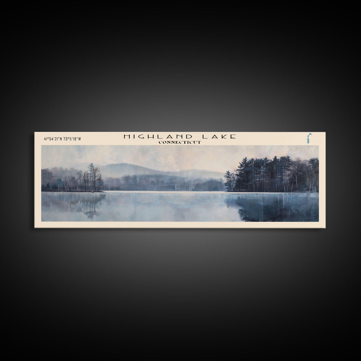 Highland Lake Connecticut Framed Canvas Print, Lake House Art, Panoramic Wall Art, Travel Poster, Scenic Lake Painting, Home Decor