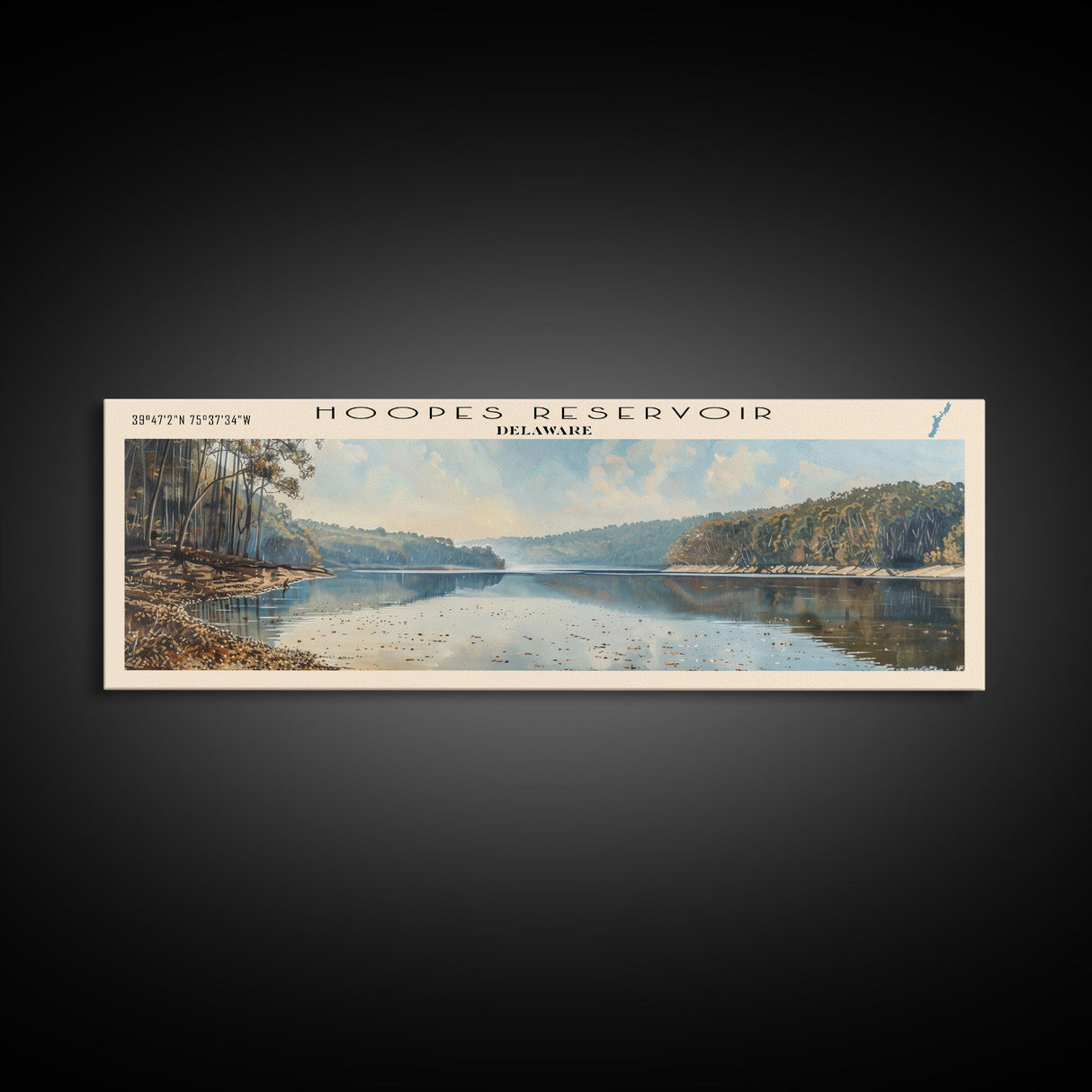 Hoopes Reservoir Delaware Framed Canvas Print, Panoramic Lake House Decor, Wall Art, Travel Poster, Scenic Lake Painting, Nature Art