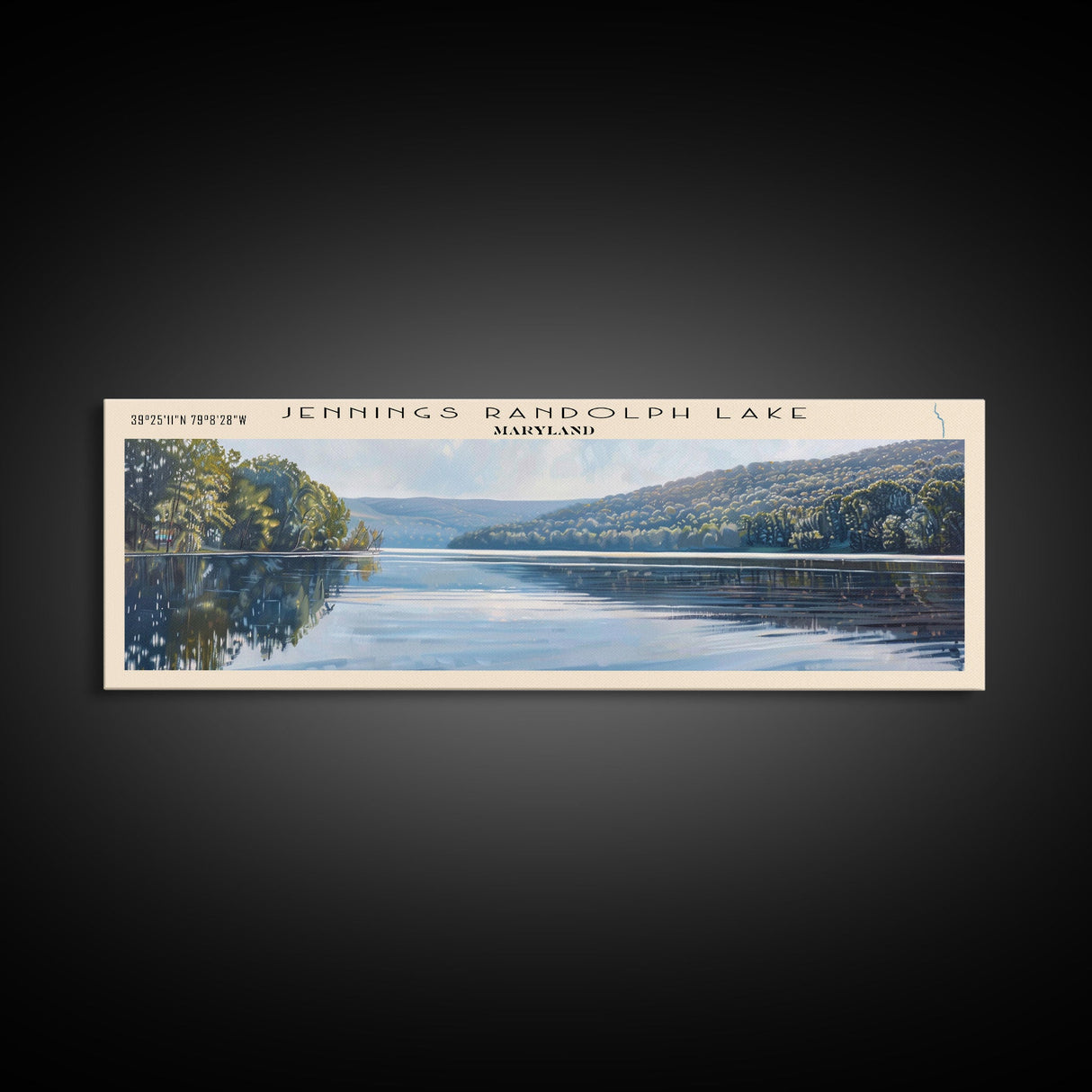 Jennings Randolph Lake Maryland Framed Canvas Print, Panoramic Lake House Decor, Wall Art, Travel Poster, Beautiful Lake Painting, Nature Art