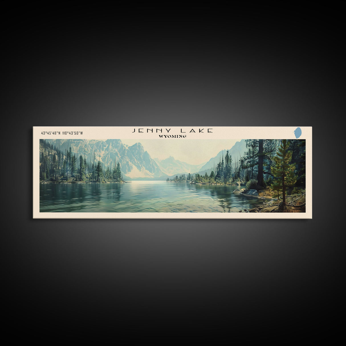 Jenny Lake Wyoming Framed Canvas Print, Lake House Decor, Panoramic Wall Art, Travel Poster, Beautiful Lake Painting, Nature Art