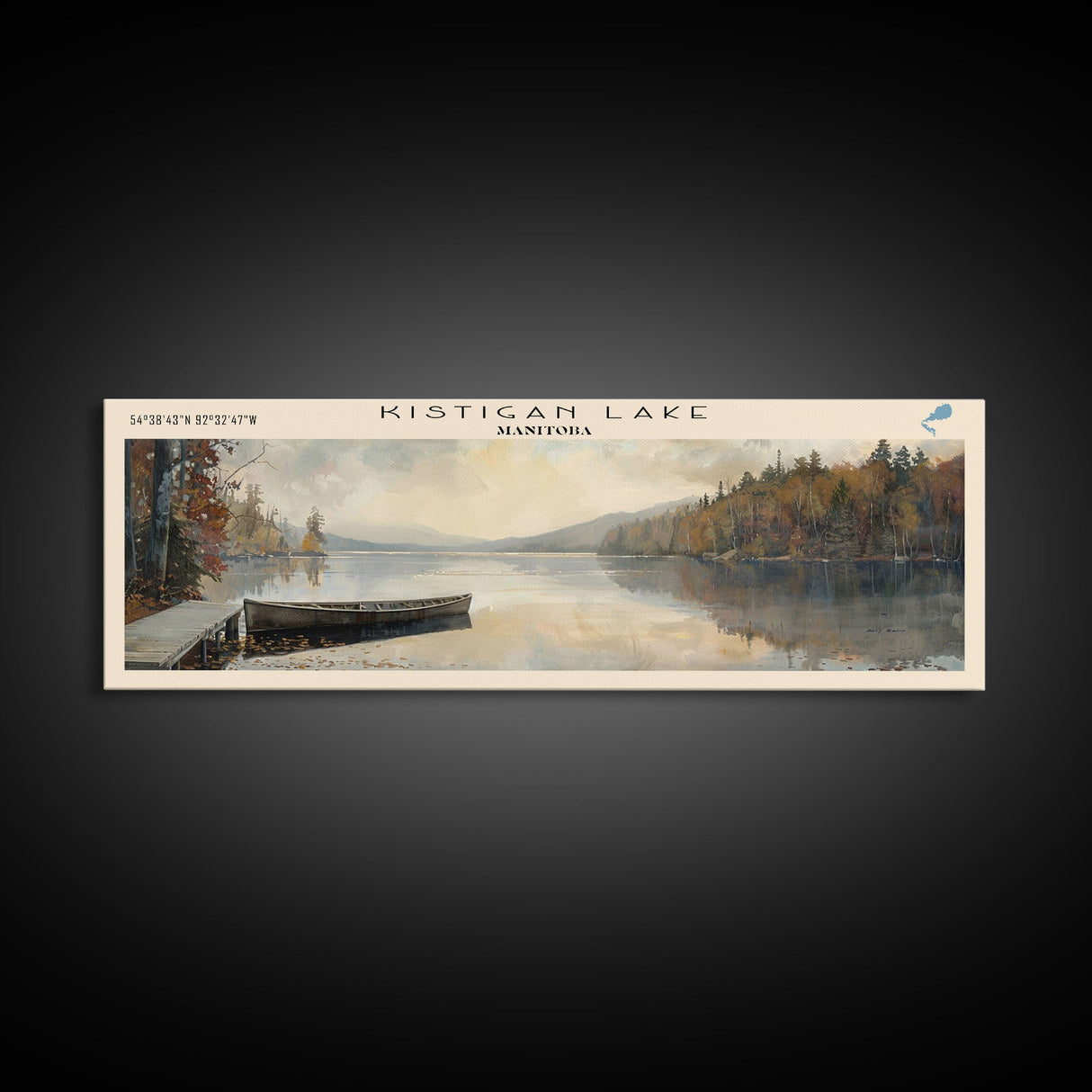 Kistigan Lake Framed Canvas Print, Lake House Decor, Panoramic Wall Art, Travel Poster, Beautiful Lake Painting, Nature Art