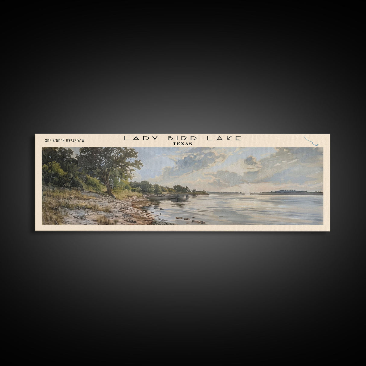 Lady Bird Lake Texas Framed Canvas Print, Lake House Decor, Panoramic Wall Art, Travel Poster, Beautiful Lake Painting, Nature Art