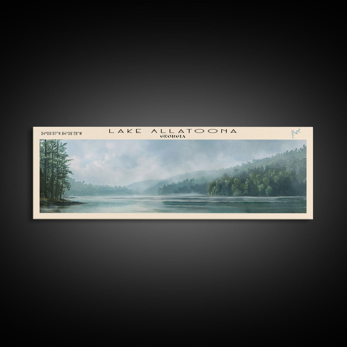 Lake Allatoona Georgia Framed Canvas Print, Lake House Art, Panoramic Wall Art, Travel Poster, Serene Lake Painting, Home Decor