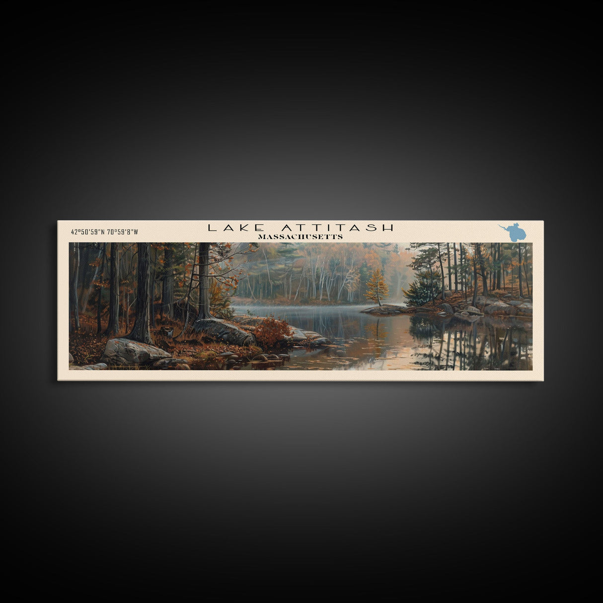 Lake Attitash Massachusetts Framed Canvas Print, Lake House Art, Panoramic Wall Art, Travel Poster, Scenic Lake Painting, Nature Art