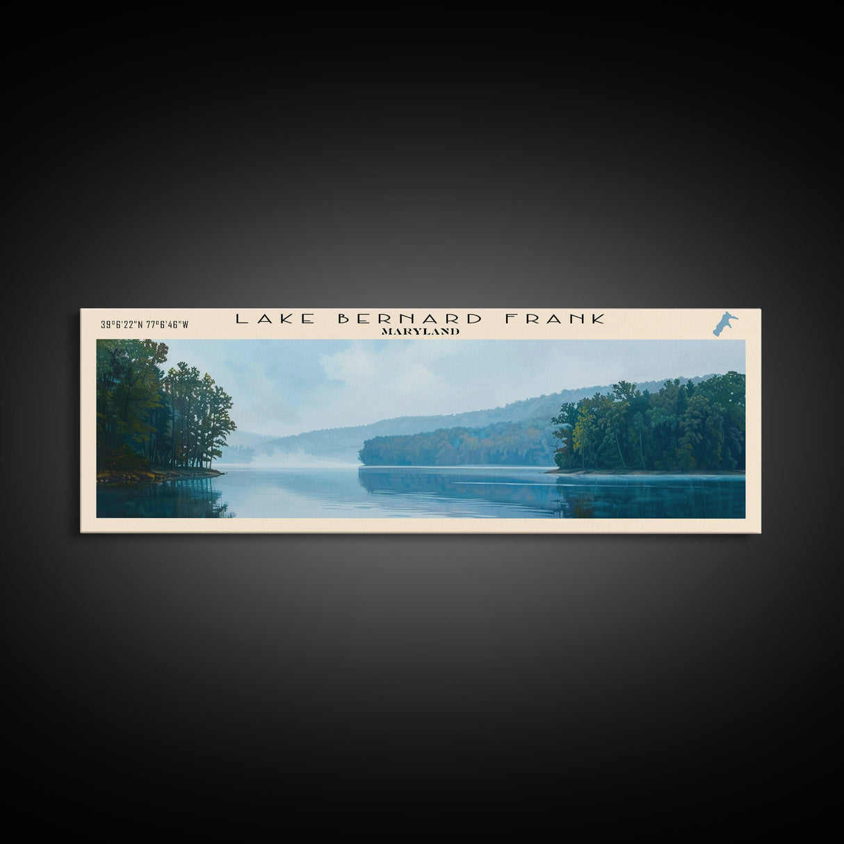 Lake Bernard Frank Maryland Framed Canvas Print, Lake House Art, Panoramic Wall Art, Travel Poster, Scenic Lake Painting, Nature Art