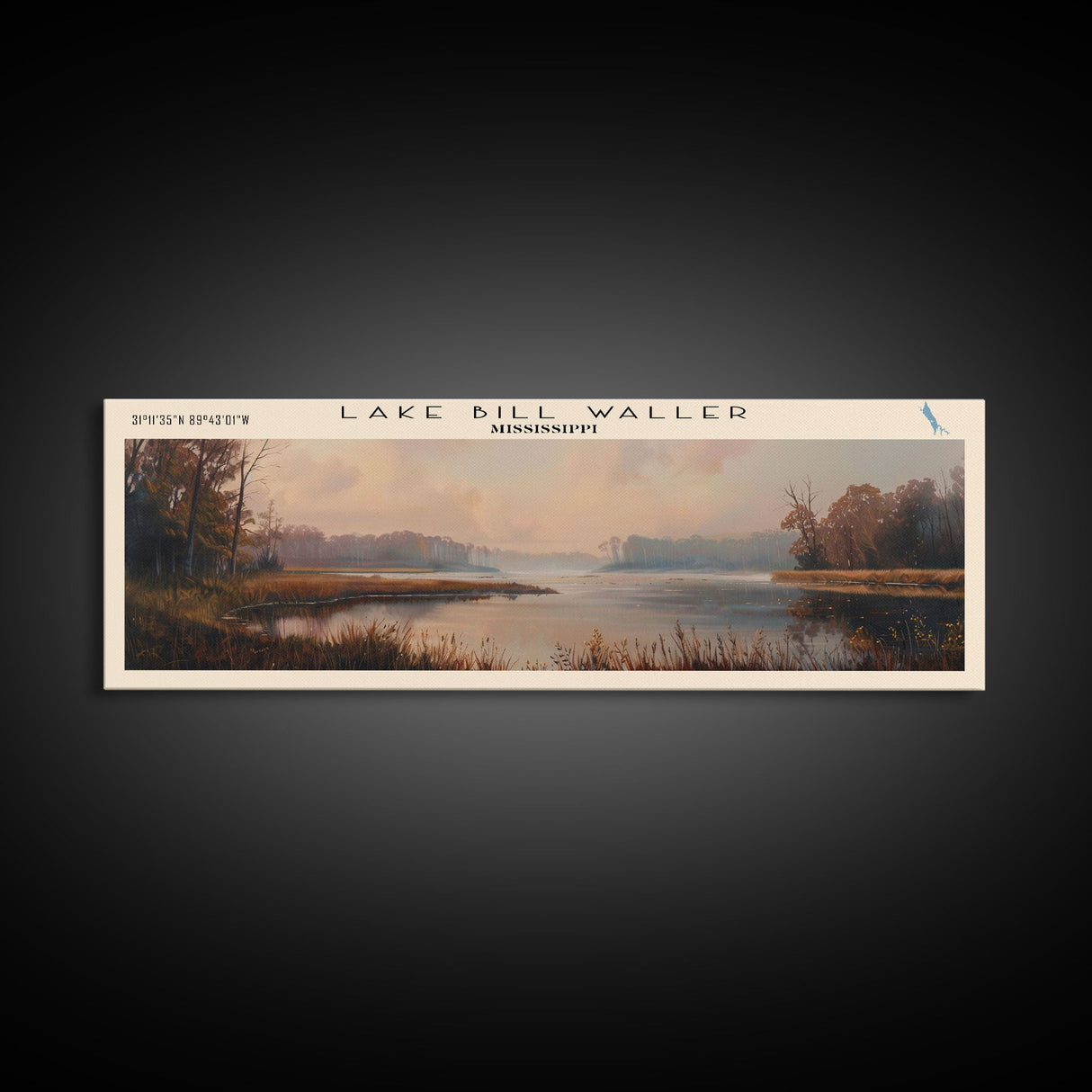 Lake Bill Waller Mississippi Framed Canvas Print, Lake House Decor, Panoramic Wall Art, Travel Poster, Captivating Lake Painting, Nature Art