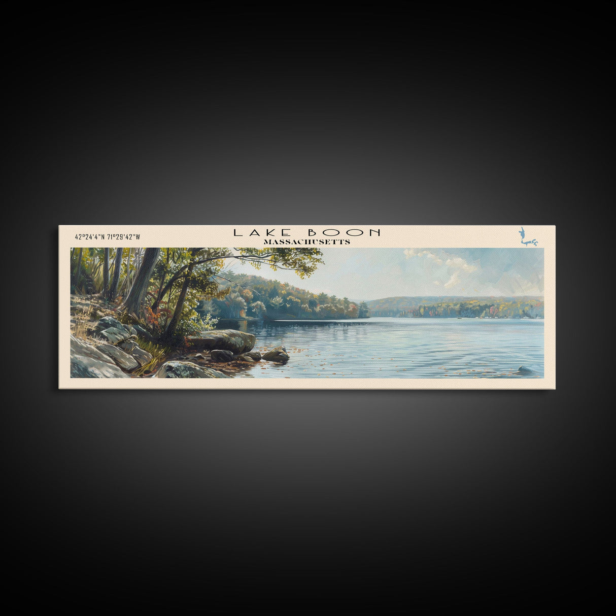 Lake Boon Massachusetts Framed Canvas Print, Panoramic Lake House Decor, Wall Art, Travel Poster, Peaceful Lake Painting, Nature Art