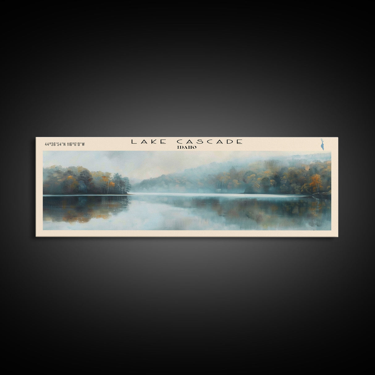 Lake Cascade Framed Canvas Print, Panoramic Lake House Decor, Wall Art, Travel Poster, Beautiful Lake Painting, Nature Art