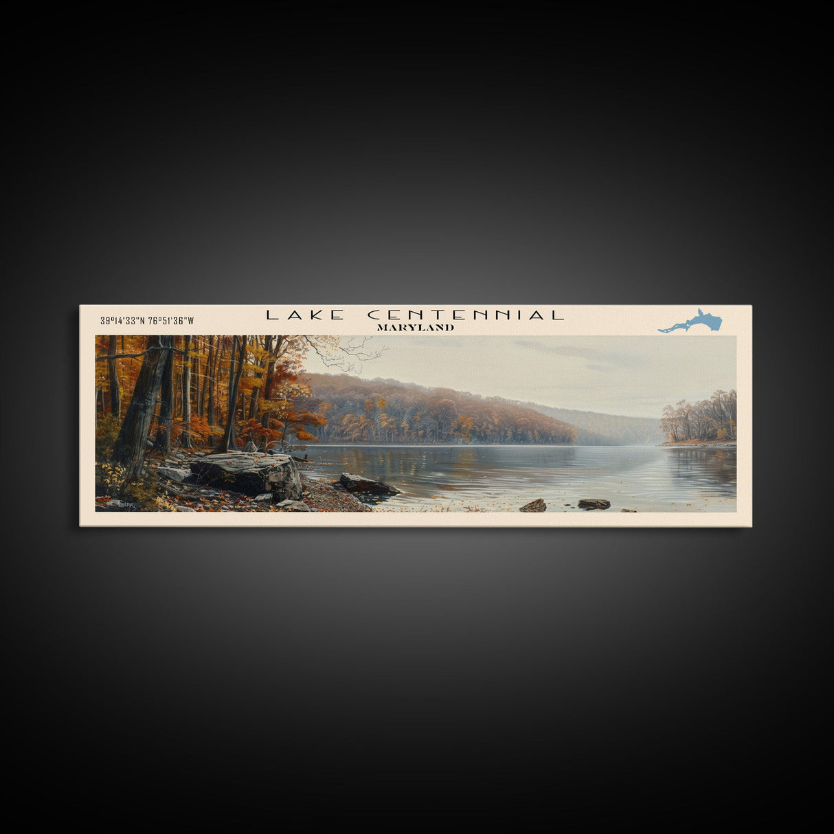 Lake Centennial Maryland Framed Canvas Print, Panoramic Lake House Decor, Wall Art, Travel Poster, Serene Lake Painting, Nature Art