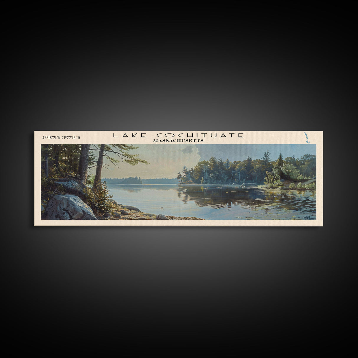 Lake Cochituate Massachusetts Framed Canvas Print, Lake House Decor, Panoramic Wall Art, Travel Poster, Beautiful Lake Painting, Nature Art