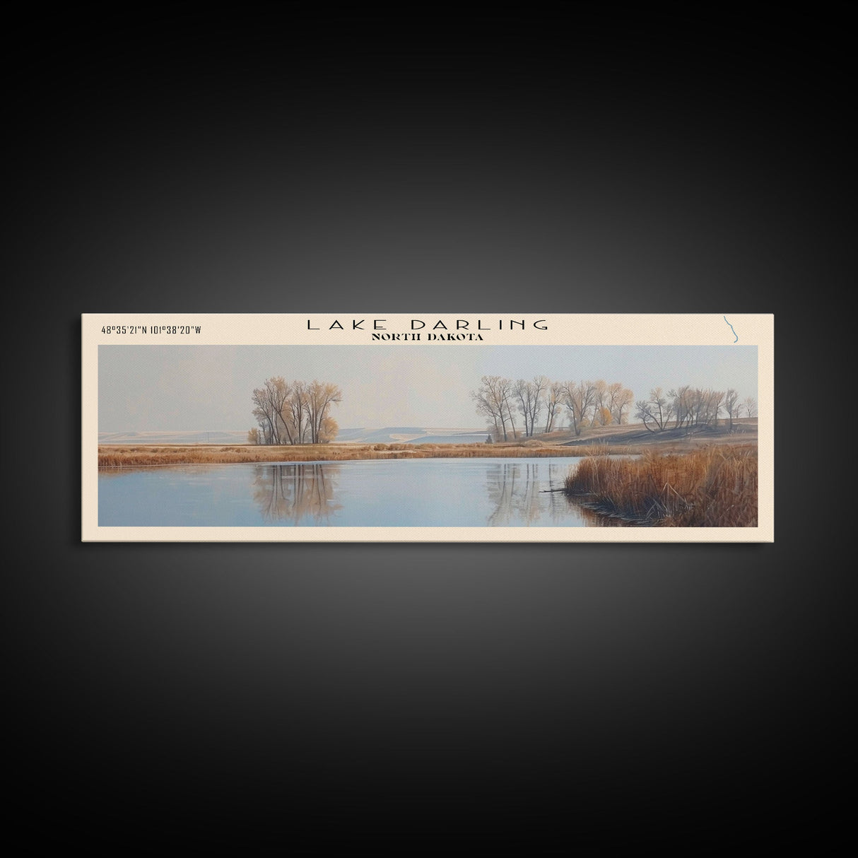 Lake Darling North Dakota Framed Canvas Print, Lake House Decor, Panoramic Wall Art, Travel Poster, Serene Lake Painting, Home Art