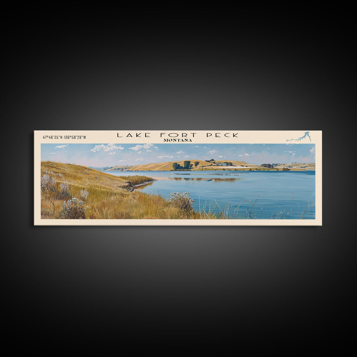 Lake Fort Peck Framed Canvas Print, Lake House Decor, Panoramic Wall Art, Travel Poster, Scenic Lake Painting, Nature Art