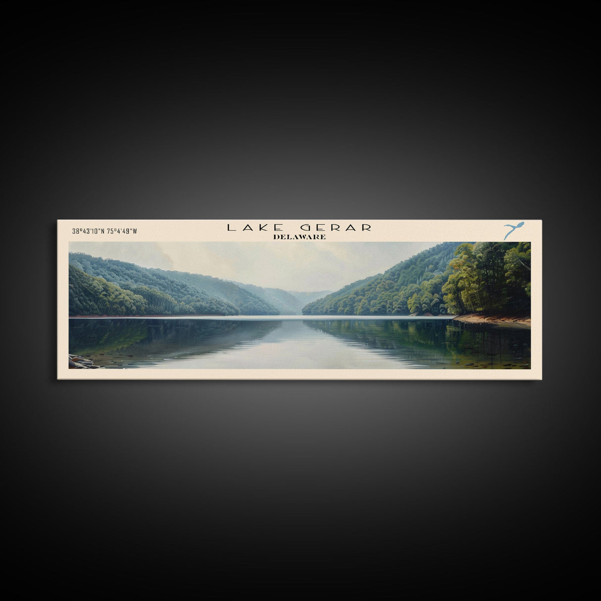 Lake Gerar Delaware Framed Canvas Print, Lake House Decor, Panoramic Wall Art, Travel Poster, Beautiful Lake Painting, Home Art