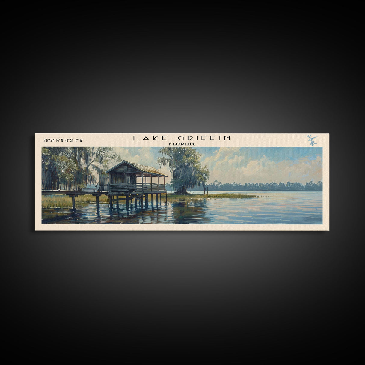 Lake Griffin Florida Framed Canvas Print, Lake House Decor, Panoramic Wall Art, Travel Poster, Beautiful Lake Painting, Nature Art